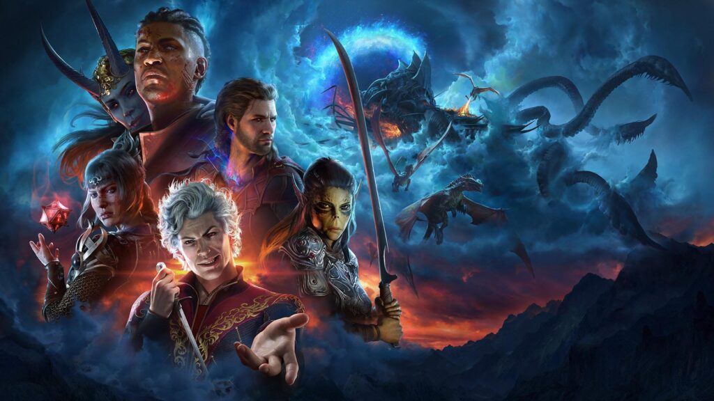 fundo azul com os personagens de baldus gate