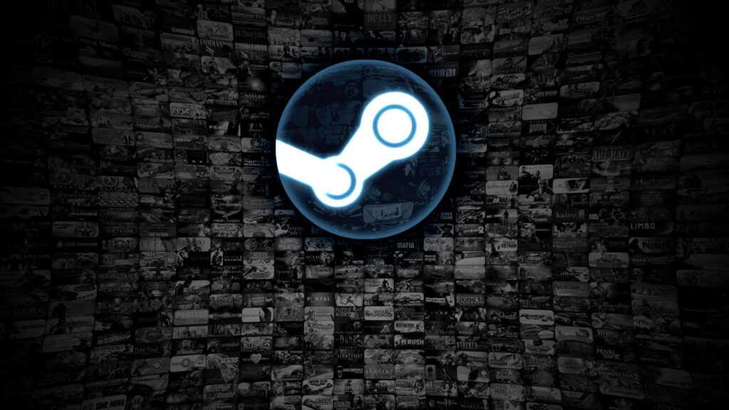 logo da steam com um fundo de jogos em preto e branco